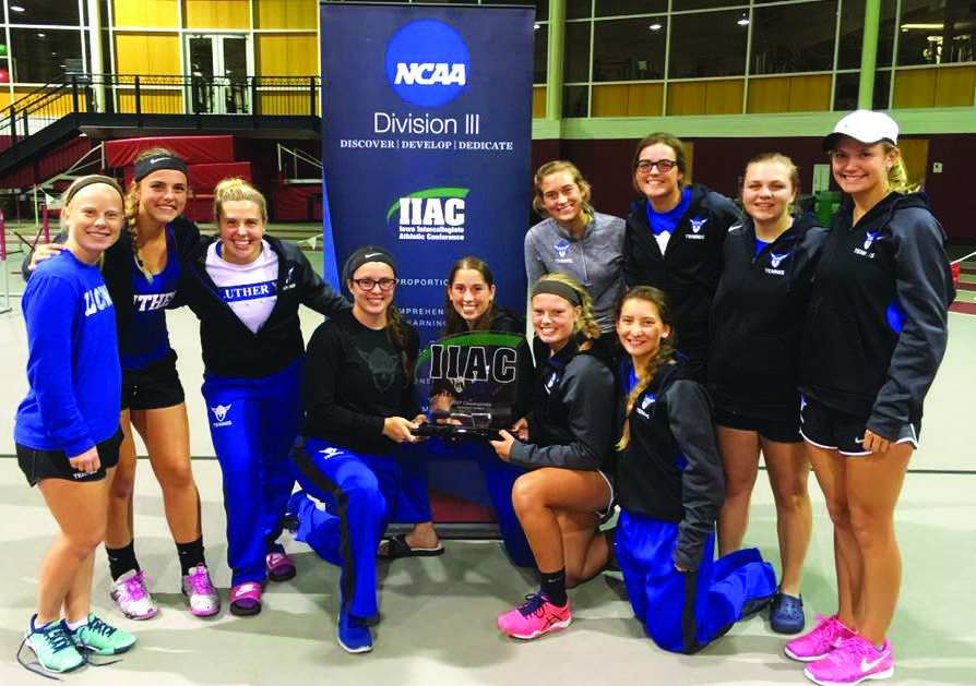 The Women’s Tennis team at Central College following their conference win.